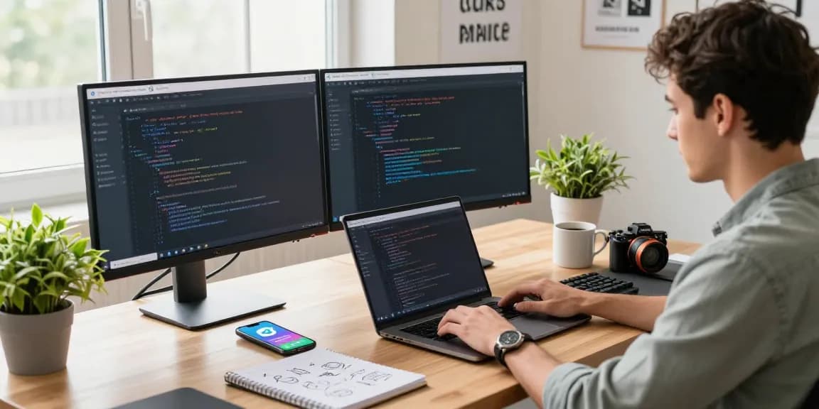 Download Telegram with a developer coding on multiple screens in a modern workspace.