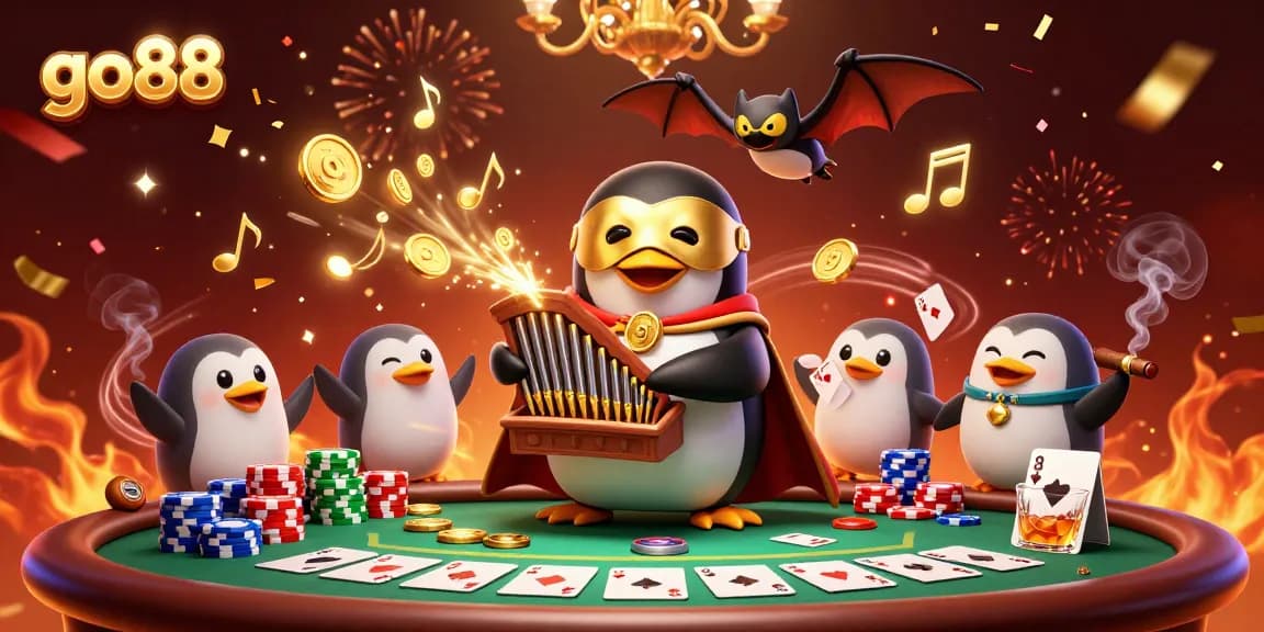 Experience the excitement of go88 as a cartoon penguin plays organ shooting coins, surrounded by poker elements.
