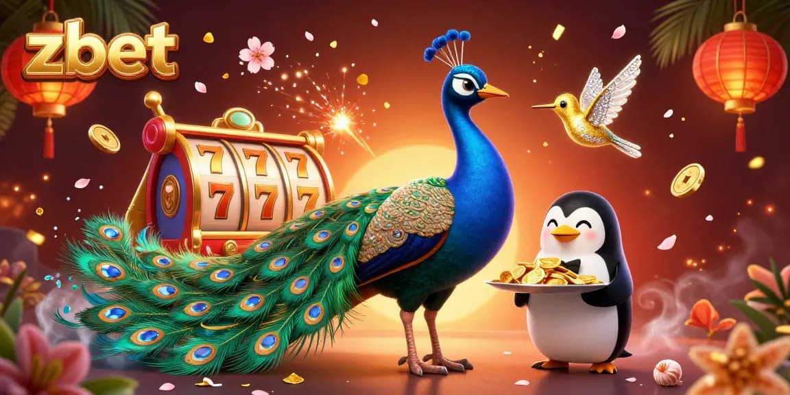 Zbet's vibrant 3D illustration showcases a peacock and butler penguin amidst casino symbols and confetti.