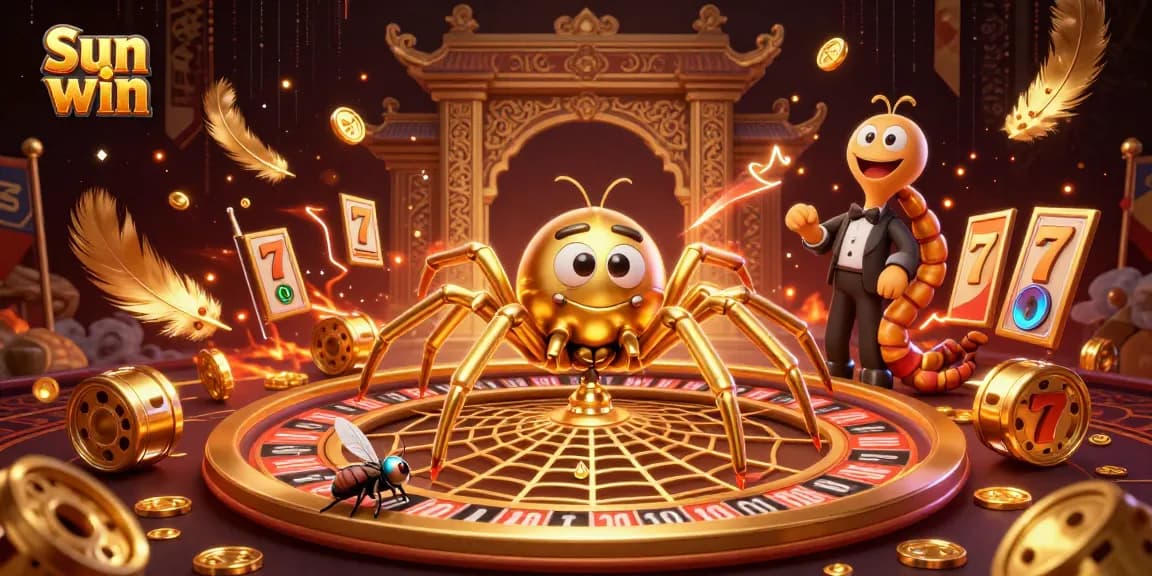 Sun win excitement unfolds as a cartoon spider spins a roulette wheel, making bets in a vibrant casino scene.