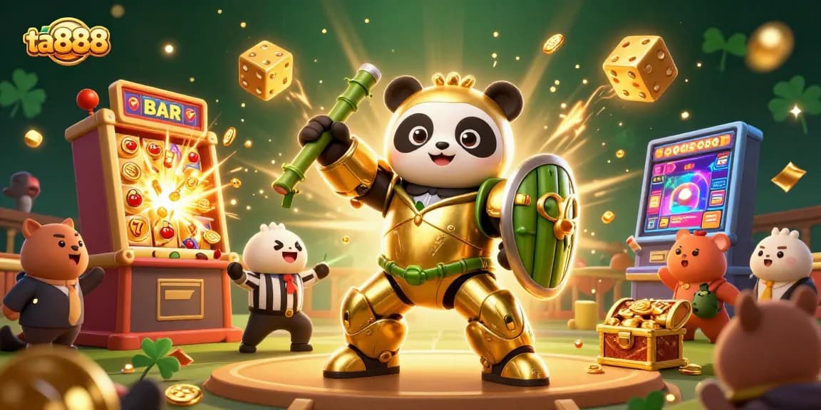Experience the excitement of ta888 with a dramatic 3D illustration of a golden panda and casino elements.
