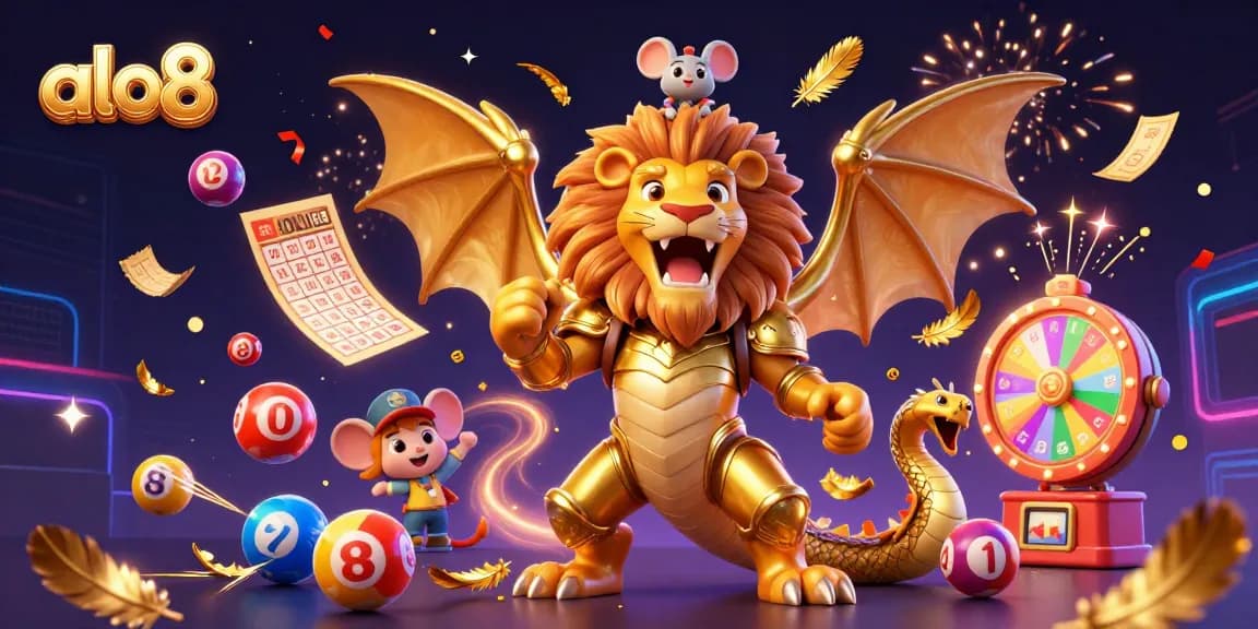 Engage in thrilling wins with alo8's dazzling 3D casino experience featuring a triumphant chimera and lively lottery elements.