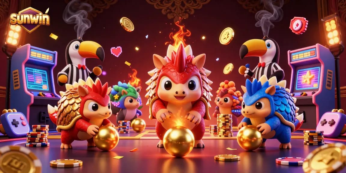Experience the thrill of sunwin as rival pangolins compete with colorful game elements amidst a vibrant casino scene.
