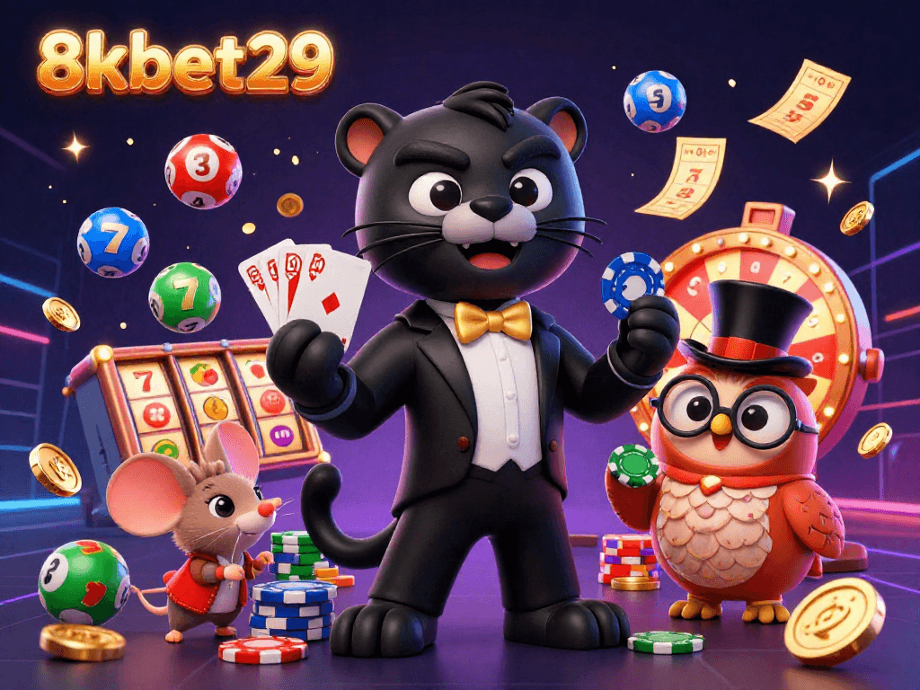 Experience the thrilling world of casino gaming with 8kbet29 and chic characters engaging in card games.