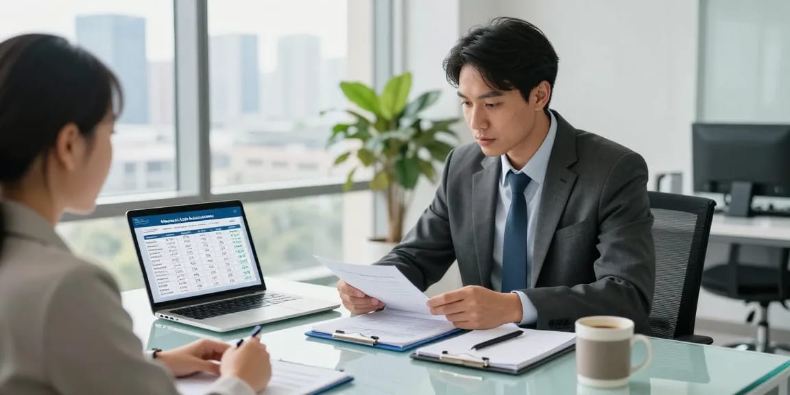 Consultation on merchant cash advance rates with financial advisor in modern office setting.