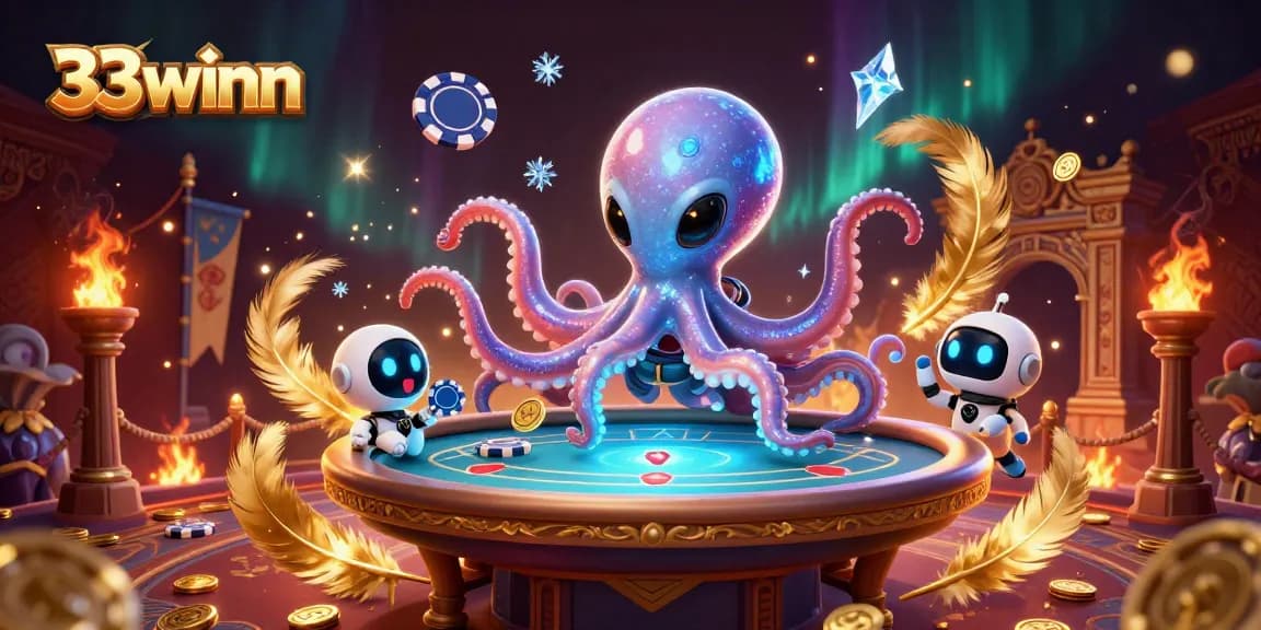 Experience the excitement at 33winn with the alien octopus dealing cards and poker chips swirling around.