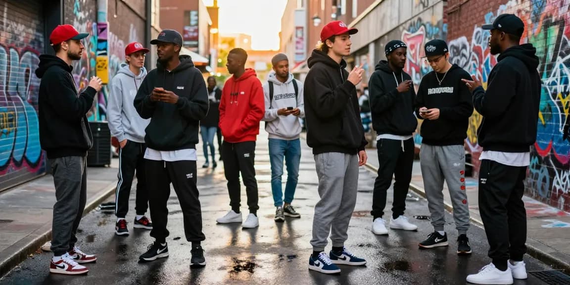 Le tute trapstar shooters esposte in un vivace raduno urbano riflettono le tendenze della moda contemporanea.