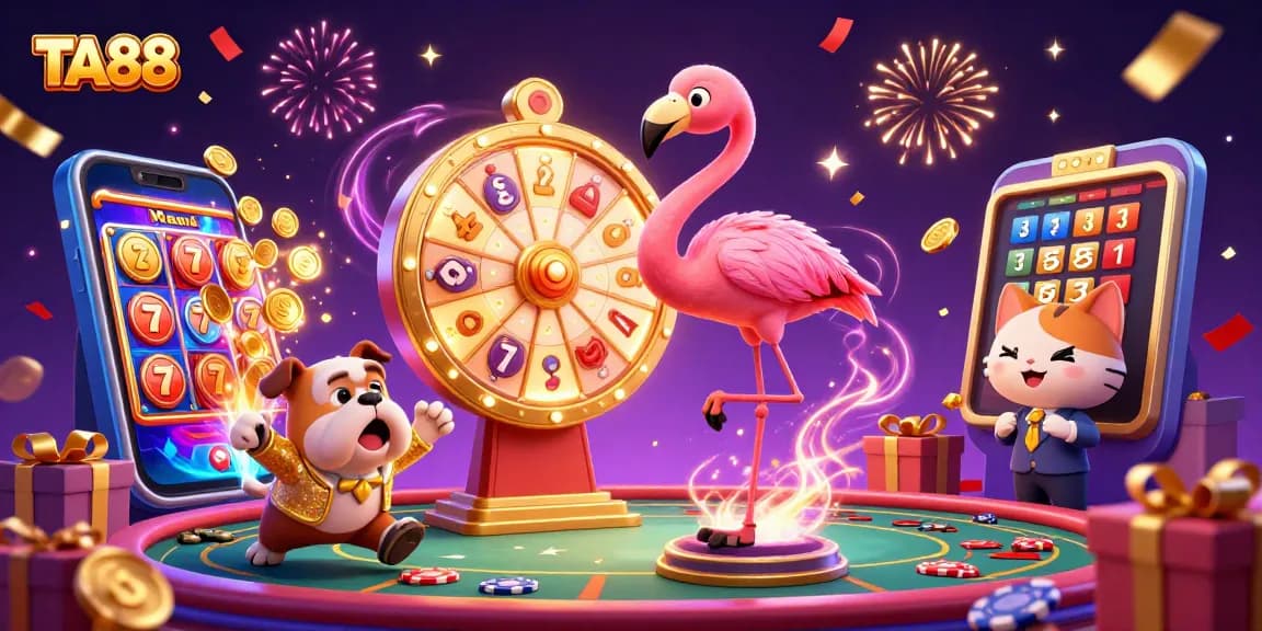 Experience the excitement of TA88 with a vibrant 3D casino scene of characters spinning a prize wheel and celebrating wins.