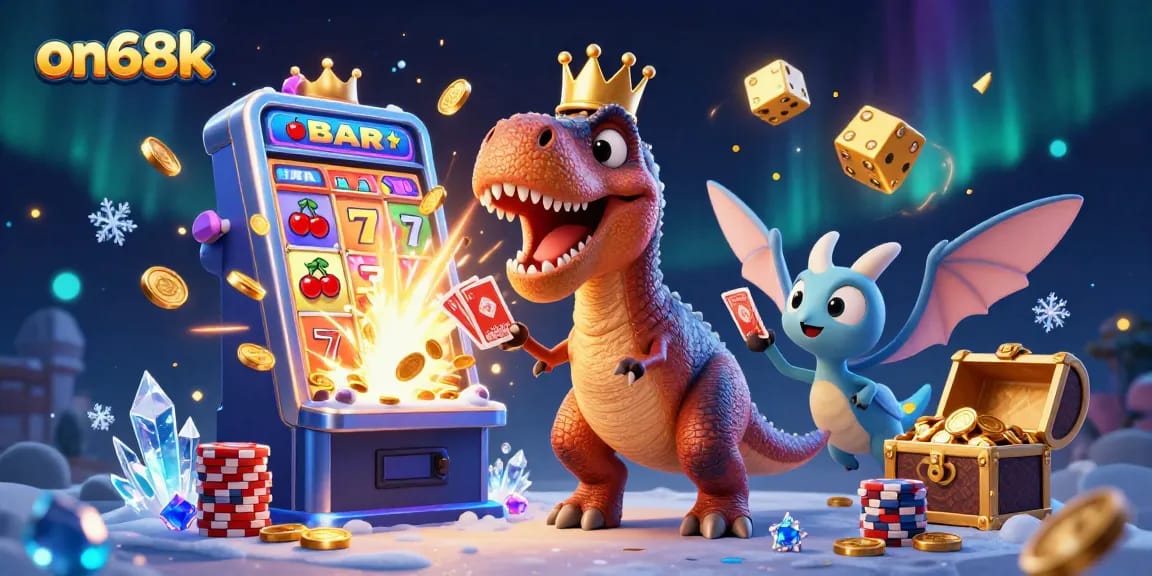 on68k showcases a playful T-Rex and friends enjoying vibrant casino games with dynamic jackpots.