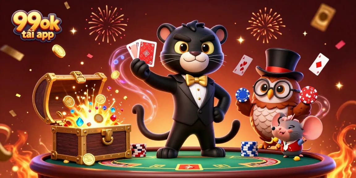 Win big with 99ok tải app featuring a panther dealing cards and other gambling elements.