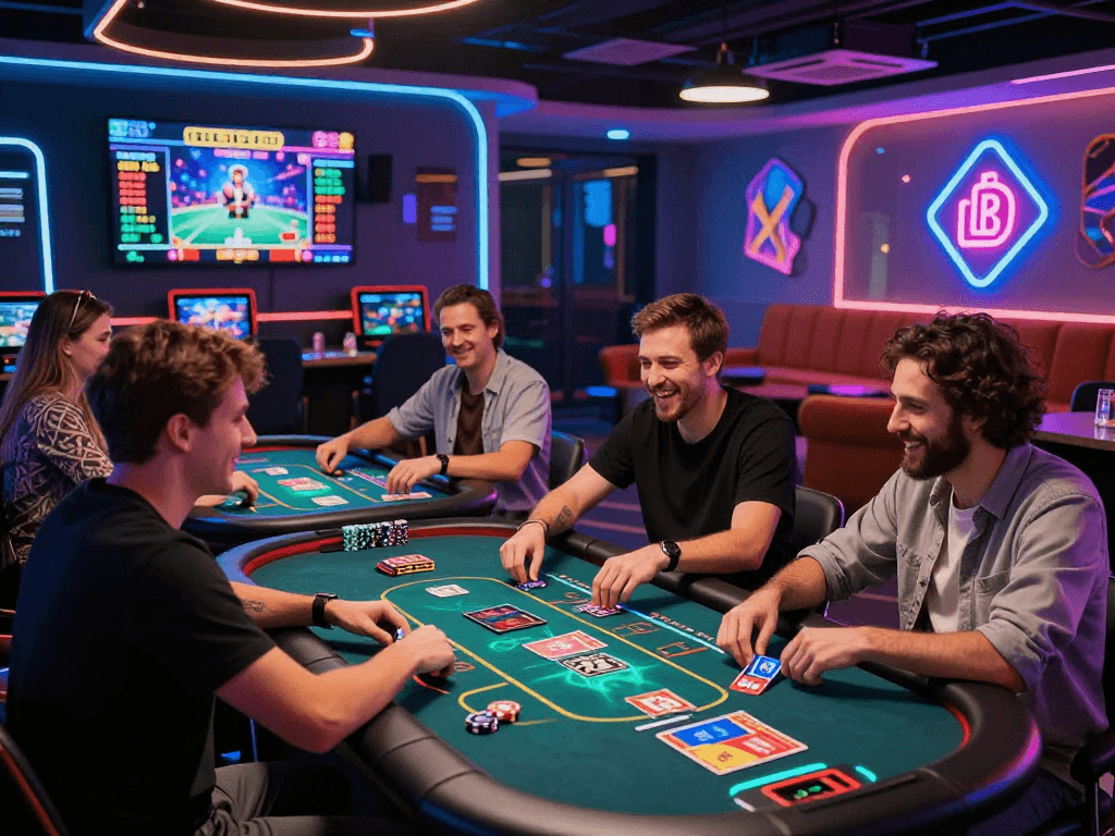 Engaging scene at a crypto casino with friends enjoying digital gaming amidst vibrant LED lights and holographic displays.