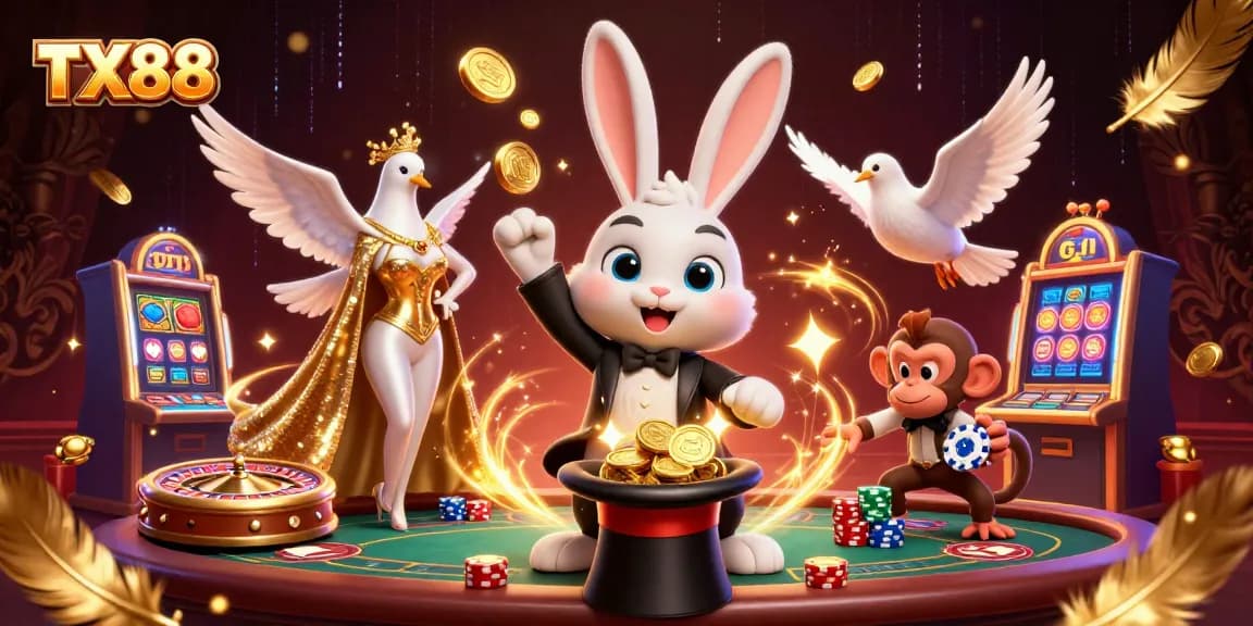 TX88 offers a thrilling casino experience with a magician rabbit, dazzling elements, and vibrant action.