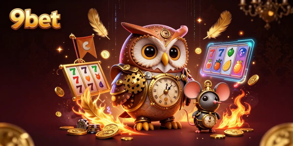 Engage with thrilling 9bet gameplay featuring steampunk owl and animated slot reels.