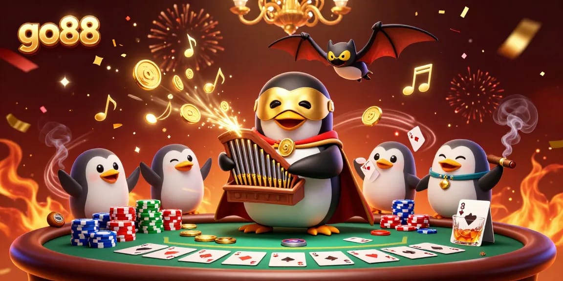 Experience the excitement of go88 as a cartoon penguin plays organ shooting coins, surrounded by poker elements.