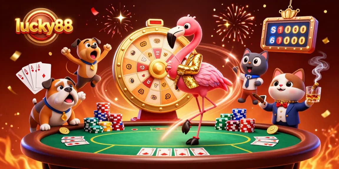 Engage with lucky88 in this vibrant 3D casino scene featuring a game show host, bulldog contestant, and colorful poker elements.