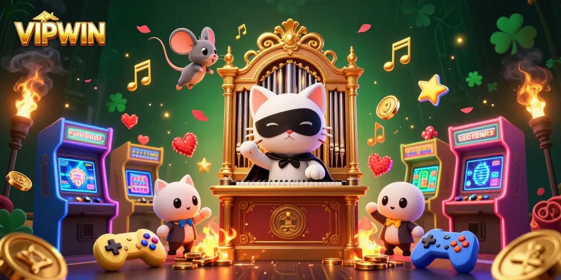 Engage in casino gaming excitement with the whimsical VIPWIN phantom cat and vibrant arcade elements.