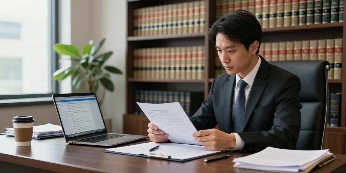 Legal professional analyzing merchant cash advance lawsuit documents in a modern office.
