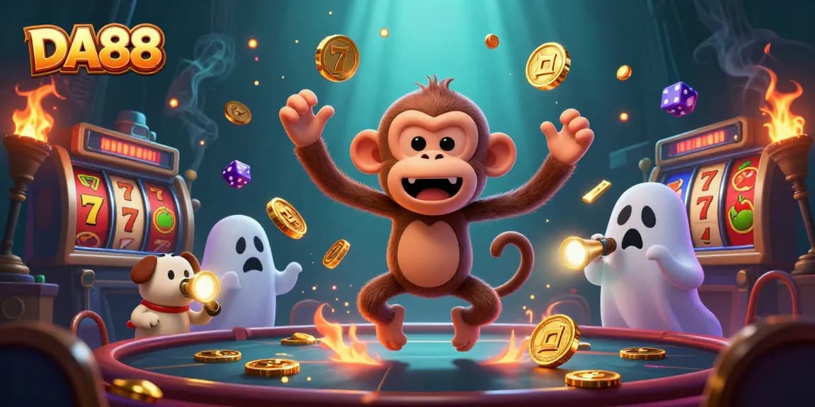 DA88 features engaging 3D illustration of a poltergeist monkey juggling casino elements and ghost-hunter puppy.