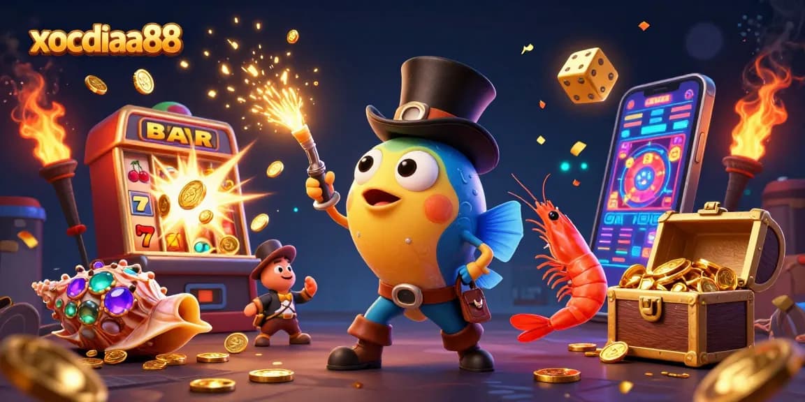 Xocdiaa88 offers thrilling slot games with a vibrant, animated scene of characters attracting coins.