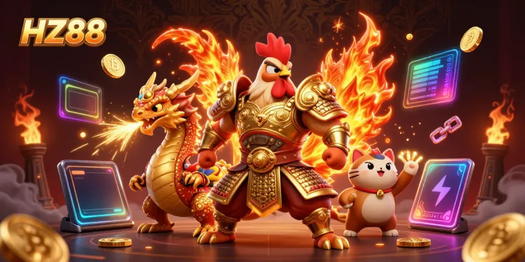 Experience HZ88's dynamic gaming world with a powerful rooster warrior and dragon in action.