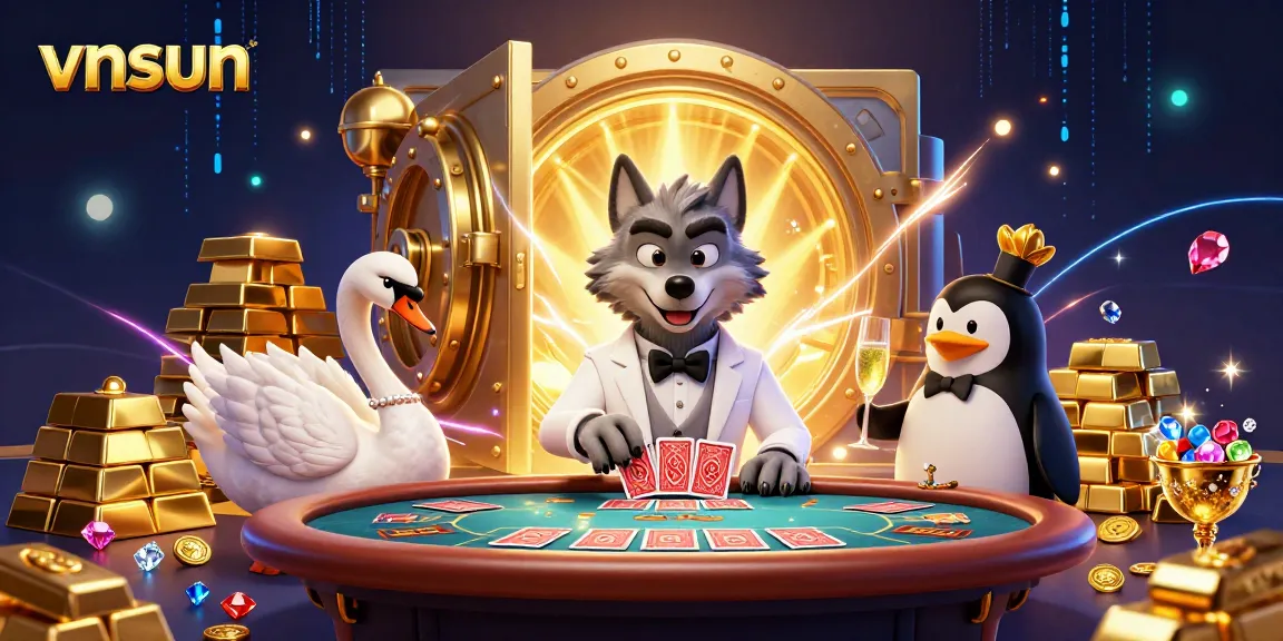 Experience the excitement of vnsun casino with a dazzling scene featuring a debonair wolf and elegant swan.