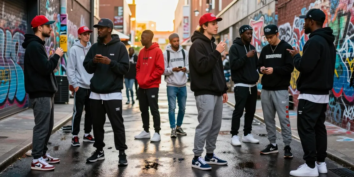 Le tute trapstar shooters esposte in un vivace raduno urbano riflettono le tendenze della moda contemporanea.