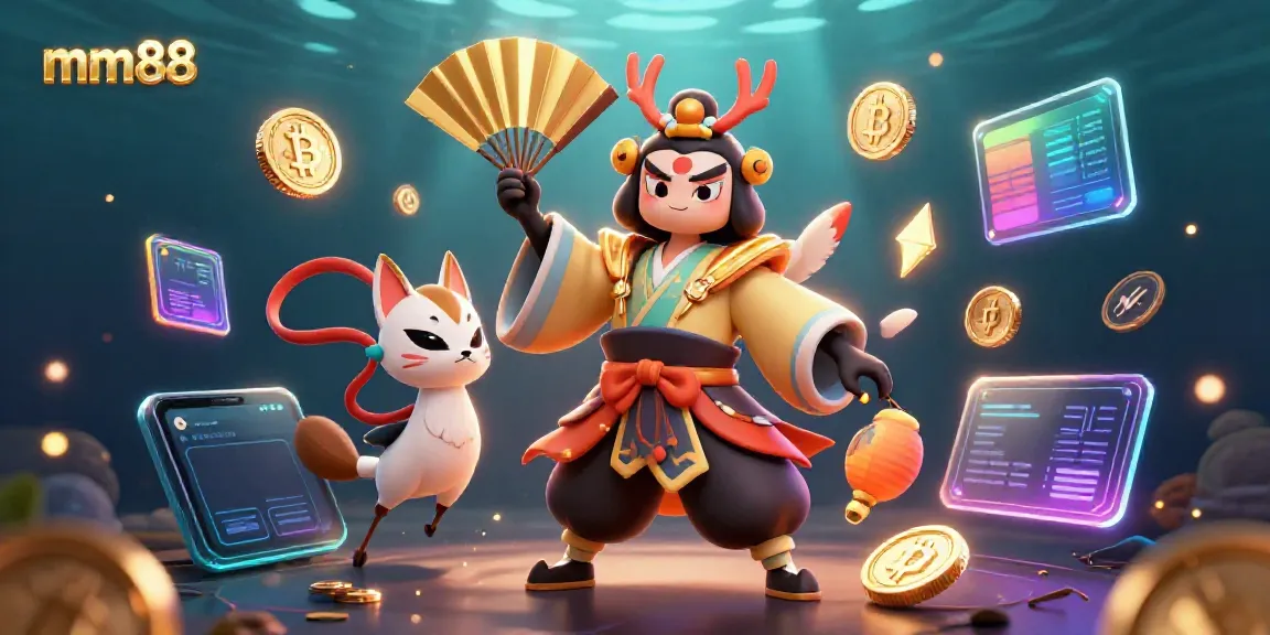 Engage in thrilling mm88 gaming with a vibrant kabuki warrior scene illuminated by cryptocurrency elements.