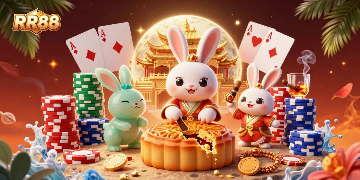 Experience RR88’s gaming magic with a whimsical moon rabbit revealing poker chips on the moon.