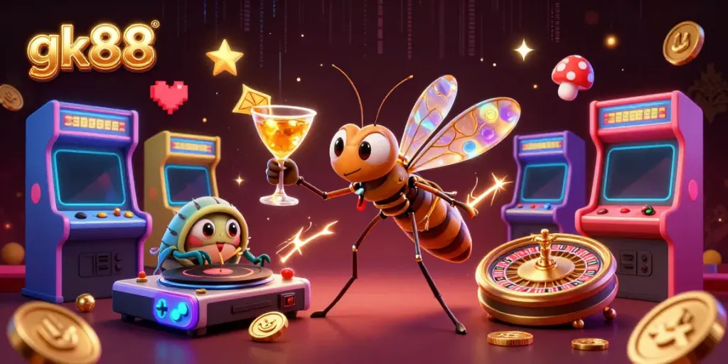 Engage with gk88's vibrant casino mascot, alongside a trilobite DJ, spinning an exhilarating gaming atmosphere.