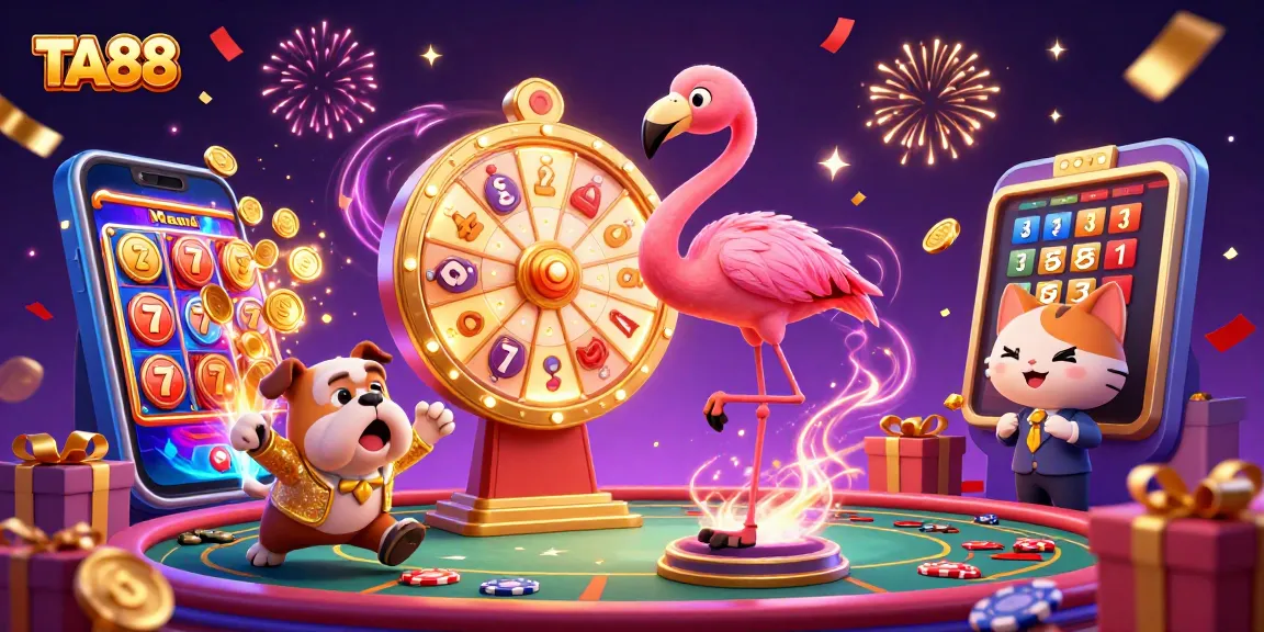 Experience the excitement of TA88 with a vibrant 3D casino scene of characters spinning a prize wheel and celebrating wins.