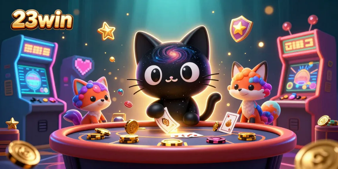 Experience the cosmic charm of 23win as a black hole cat draws in casino chips and cards amidst vibrant gaming elements.
