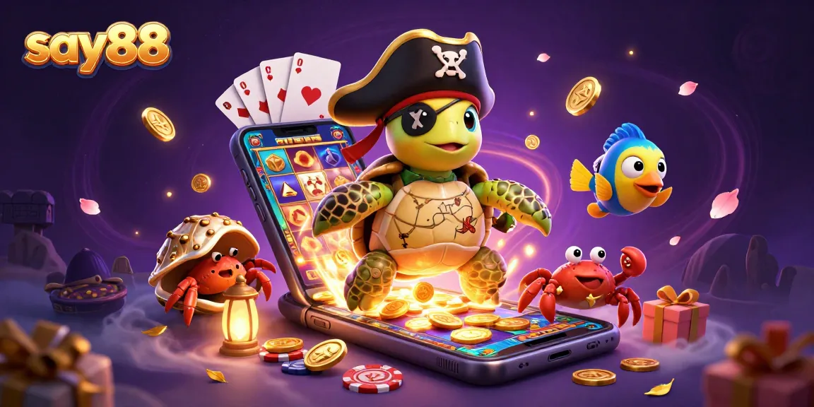 Experience thrilling gaming with say88 featuring a pirate turtle, crab, and parrotfish amidst a treasure trove.