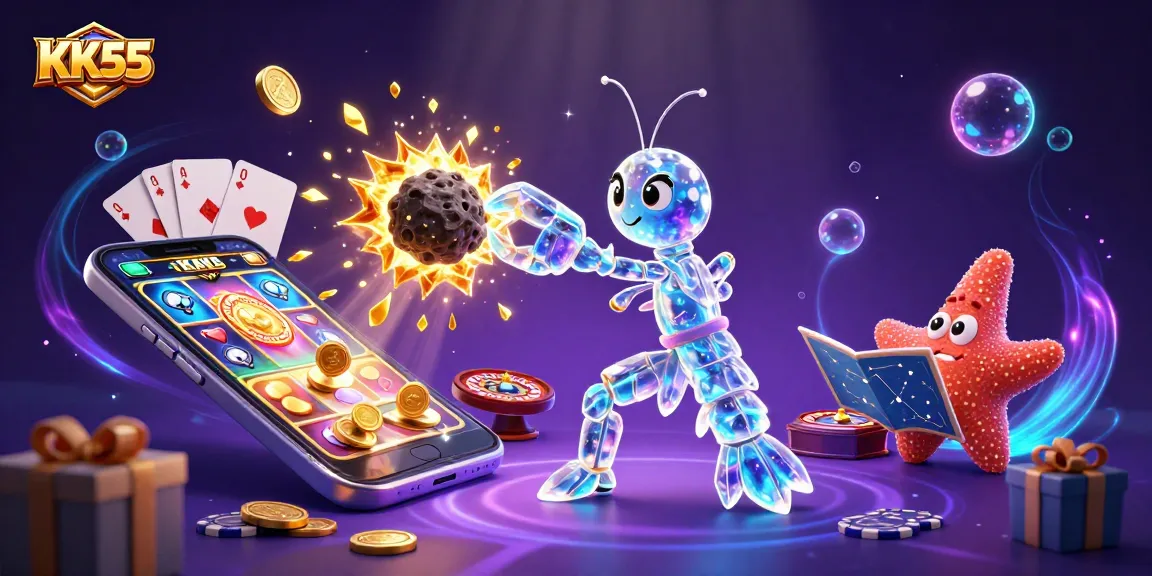 KK55 showcases an epic scene of a galactic mantis shrimp in battle for treasure with casino elements.