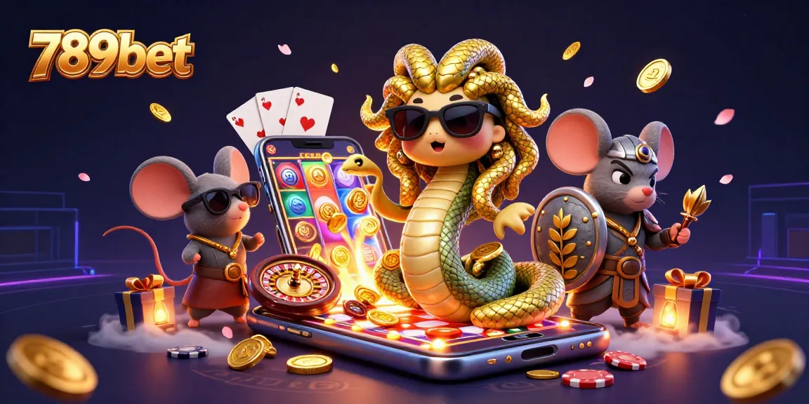 Spin the reels and win big with 789bet, featuring Medusa and a warrior in a dynamic casino scene.