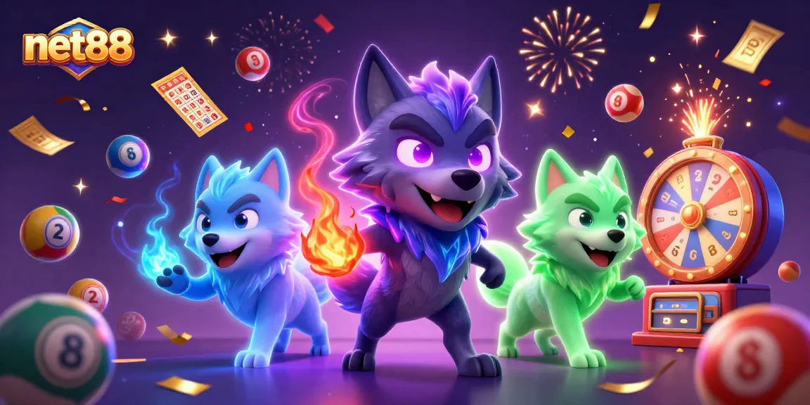 Experience thrilling wins and captivating energy with net88's dynamic lottery scene featuring wolves and vibrant game elements.
