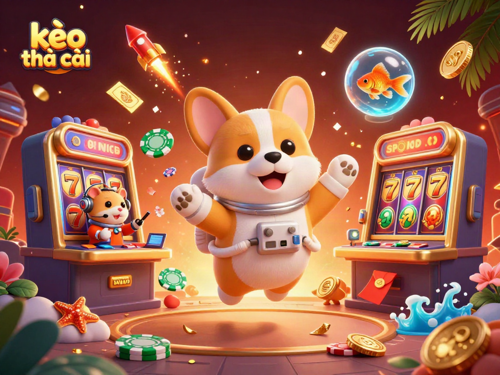 Engage in kèo nhà cái excitement with a 3D cartoon scene featuring a floating astronaut corgi and vibrant casino elements.