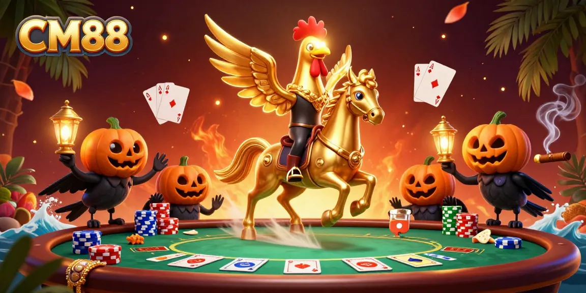 Experience the thrill at CM88 with a golden rooster and poker elements in a vibrant casino scene.