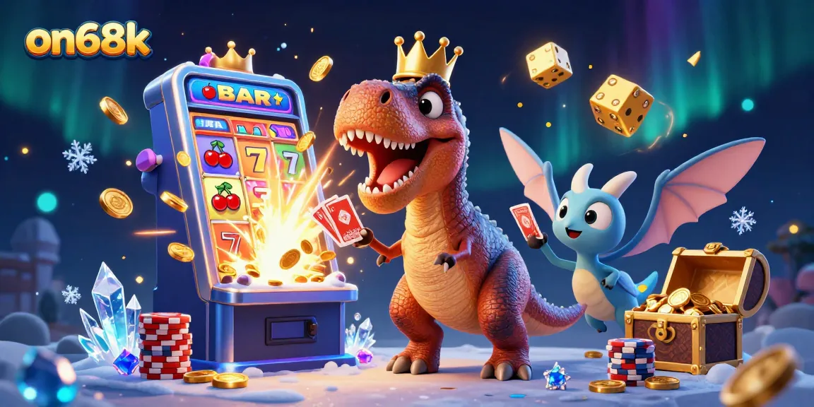 on68k showcases a playful T-Rex and friends enjoying vibrant casino games with dynamic jackpots.