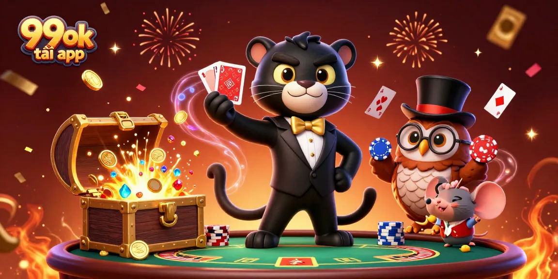 Win big with 99ok tải app featuring a panther dealing cards and other gambling elements.