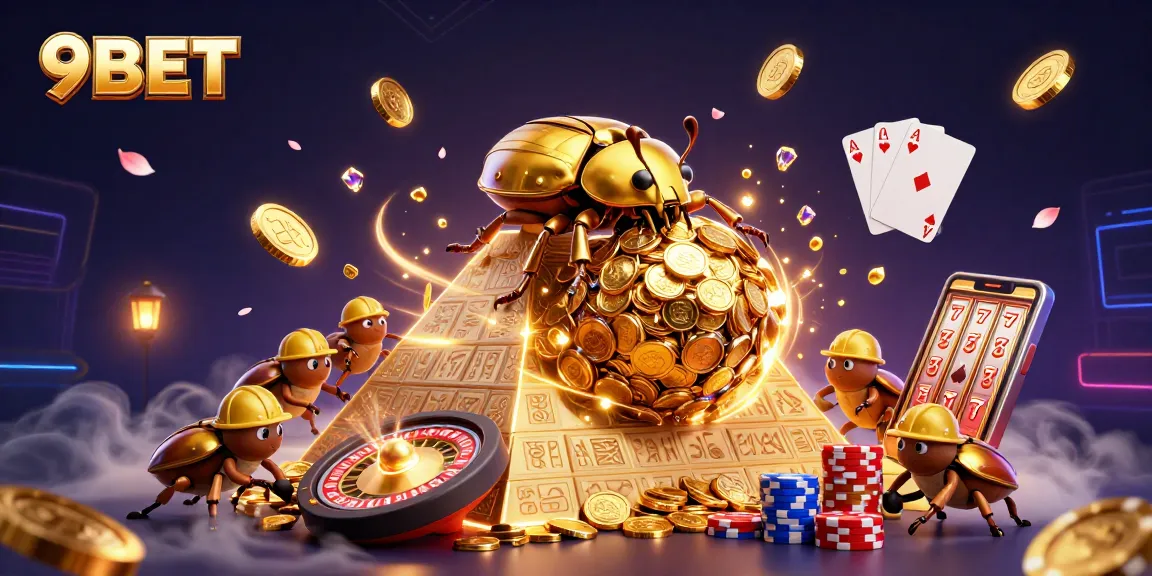 Engage with exhilarating gaming adventures at 9BET’s vibrant casino illustration featuring gold coins and neon elements.