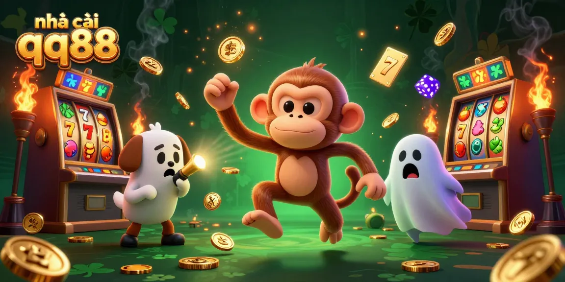 Engage with the playful spirit of nhà cái qq88 in this vibrant casino scene featuring a mischievous monkey.