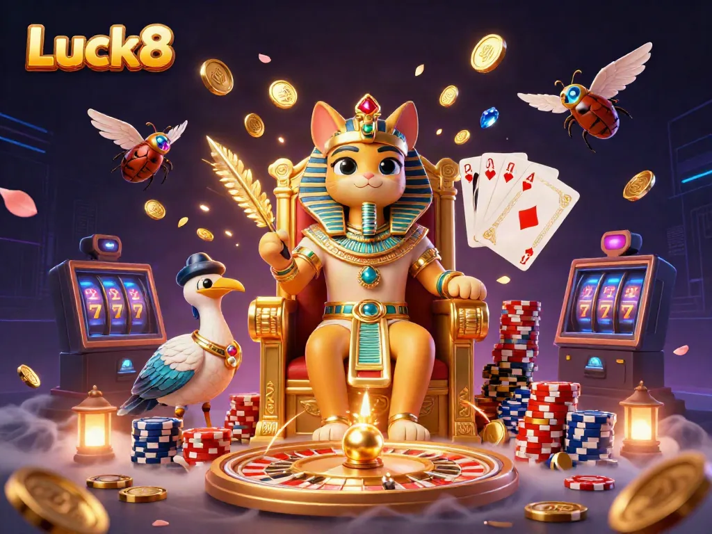 Experience thrilling gameplay at Luck8 with a vibrant 3D casino scene featuring a pharaoh cat, sparkling coins, and a roulette wheel.