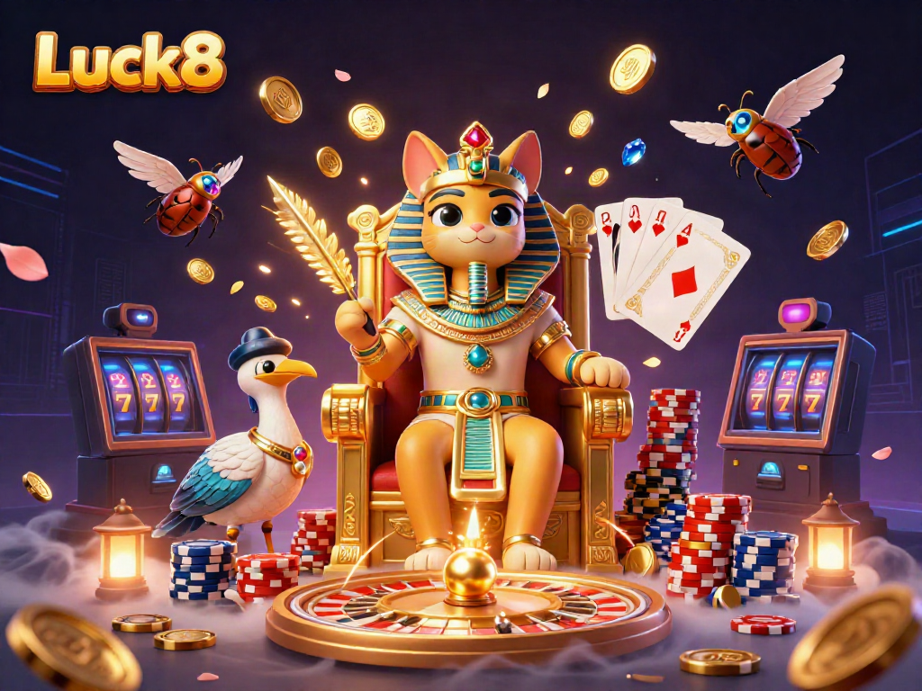 Experience thrilling gameplay at Luck8 with a vibrant 3D casino scene featuring a pharaoh cat, sparkling coins, and a roulette wheel.