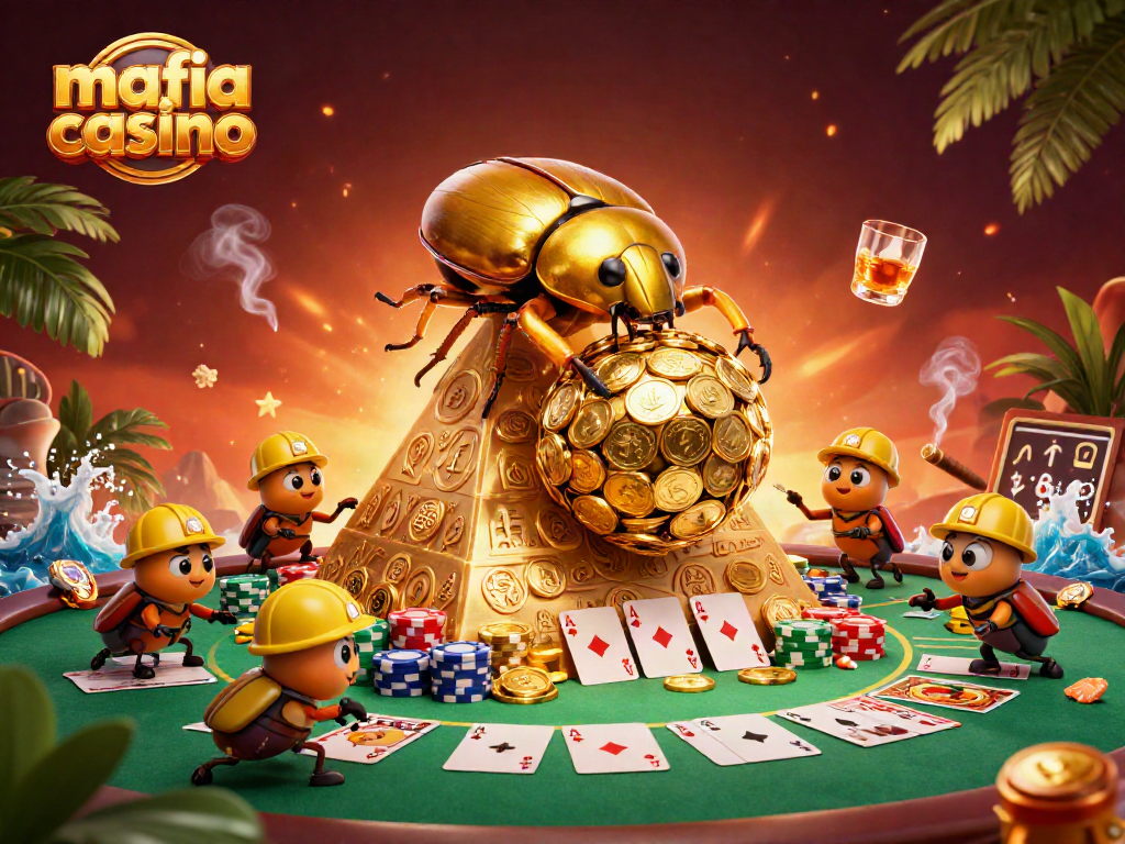 Mafia Casino features a dynamic scene of golden beetles rolling coins atop a pyramid, symbolizing wealth.