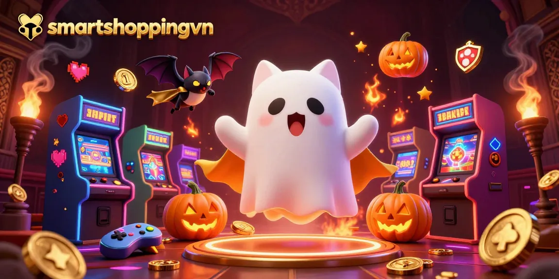Engage in thrilling gameplay at smartshoppingvn with a ghost cat and bat in a vibrant casino scene.