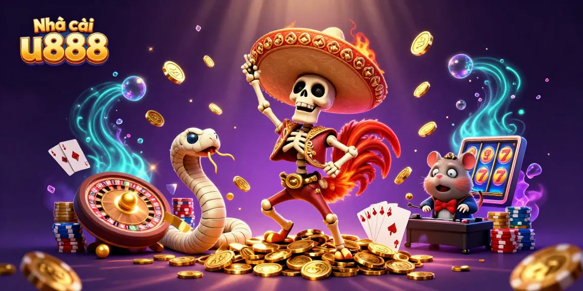 Experience thrilling action with Nhà cái u888's vibrant casino scene featuring a mariachi rooster, mummy snake, and DJ hamster.