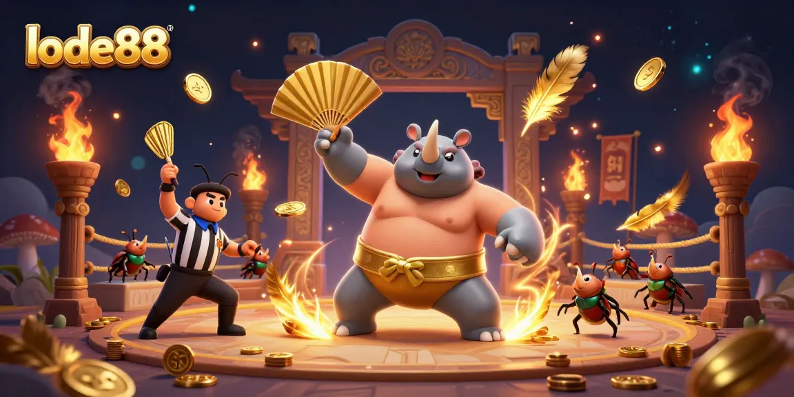 Lode88 brings the thrill of online betting to life with a dynamic illustration of a beetle sumo match, showcasing excitement.