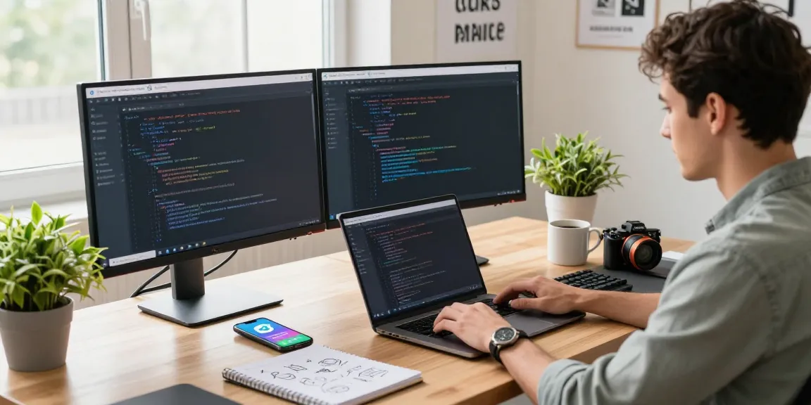 Download Telegram with a developer coding on multiple screens in a modern workspace.
