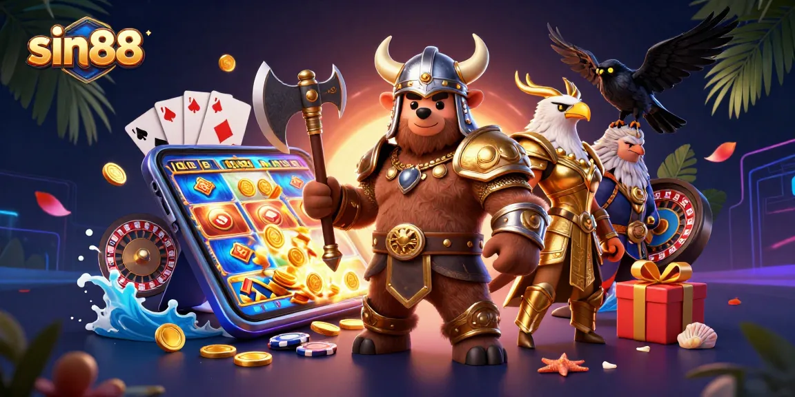 Experience thrilling games at sin88 with vibrant slot reels and golden coins erupting.