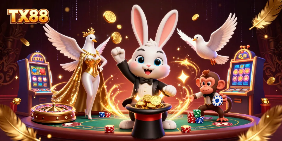 TX88 offers a thrilling casino experience with a magician rabbit, dazzling elements, and vibrant action.